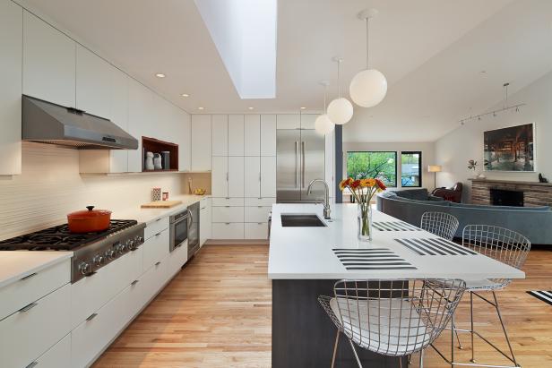 Midcentury Modern Kitchen With White Cabinets & Gray Island
