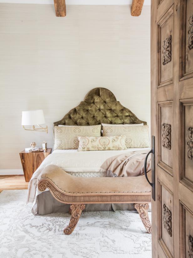 Elegant Master Bedroom With Upholstered Green Headboard Marie