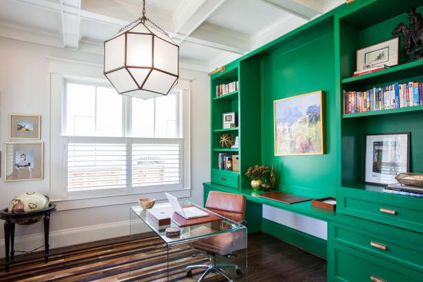 Contemporary Home Office Features Green Desk