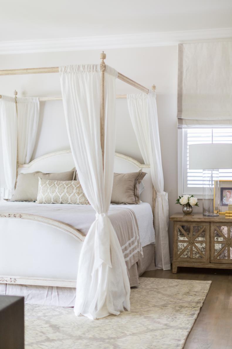 White, Cottage Master Bedroom With Canopy Bed