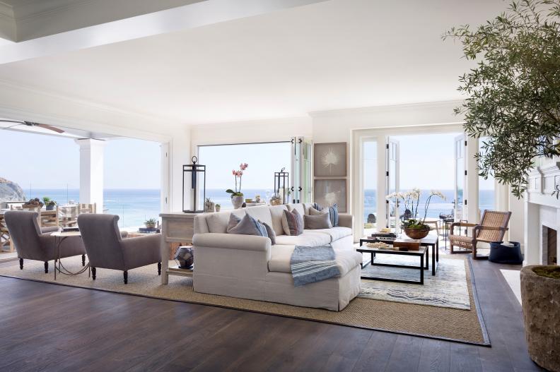 White Sectional in Living Room With Ocean View