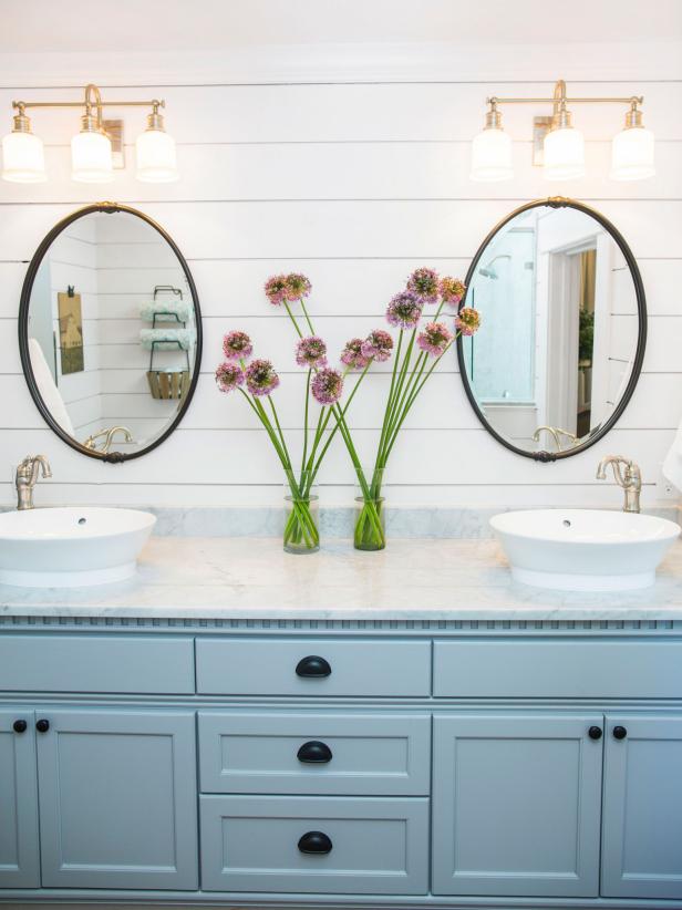 Bathroom With Light Blue Cabinets 