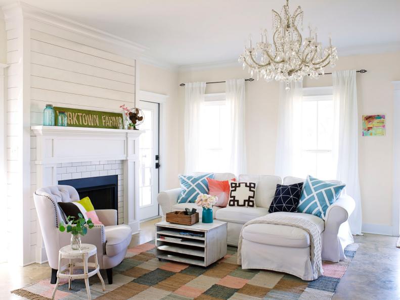 White Living Room With Shiplap-Inspired Paneling