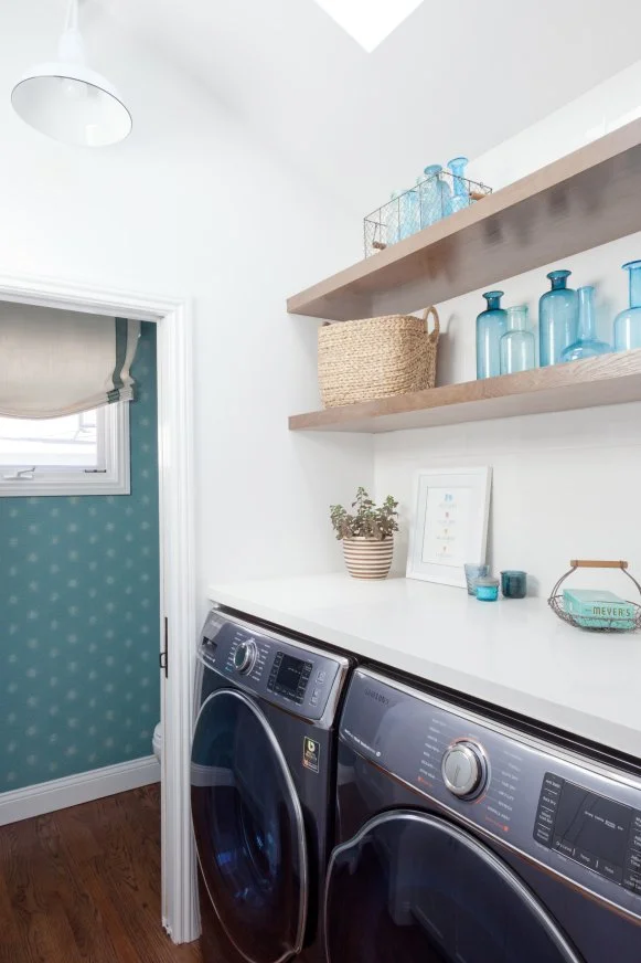 White Contemporary Laundry Room With Floating Shelves