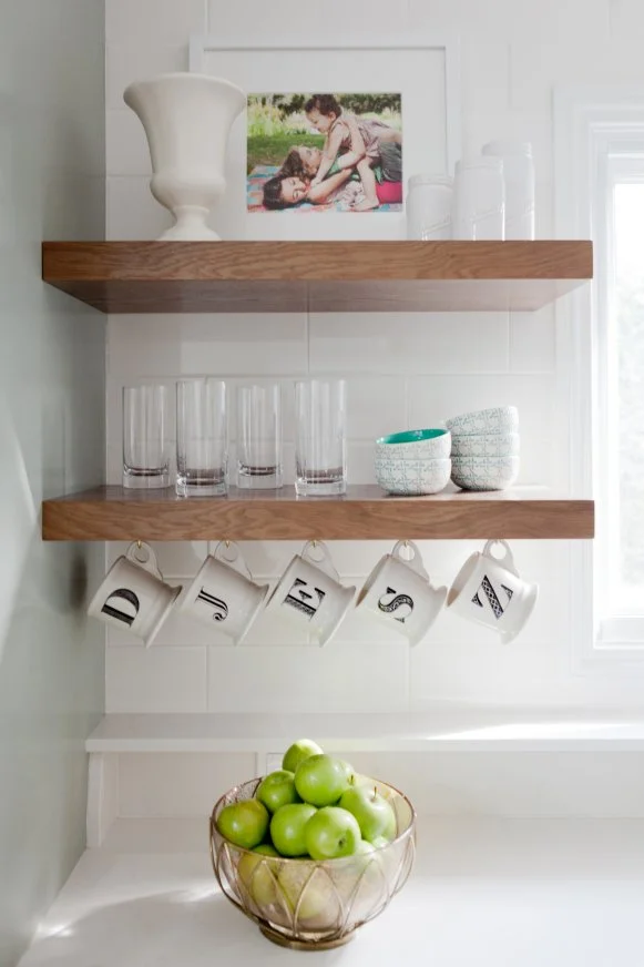 Contemporary Kitchen With Wood Shelves & Monogrammed Mugs