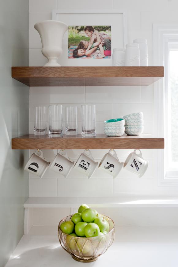 Contemporary Kitchen With Wood Shelves & Monogrammed Mugs