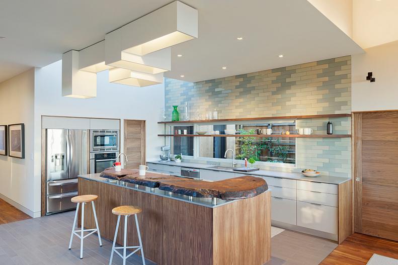 White Modern Kitchen With Wood Island, Shelves & White Cabinets