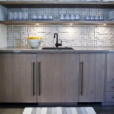 Textured Tile and Open Shelving in Pool House Galley Kitchen