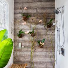 Serene Shower With Plank Tile & Living Orchids Wall