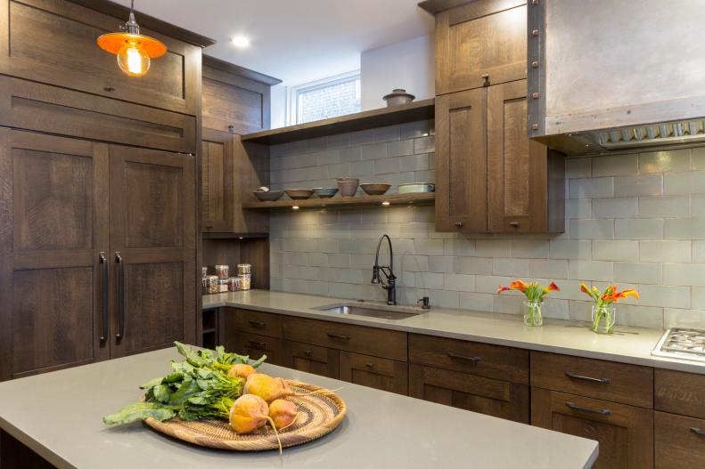 Craftsman Kitchen With Brown Oak Cabinets & Neutral Quartz Countertops