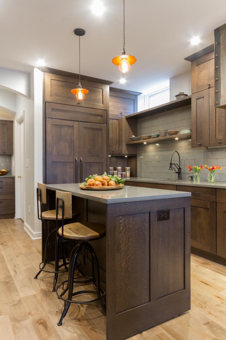 Craftsman Kitchen With Brown Oak Cabinets, Oak Floor & Small Island