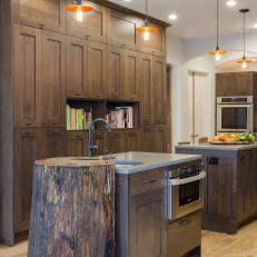 Dual Kitchen Islands and Dark Oak Cabinetry