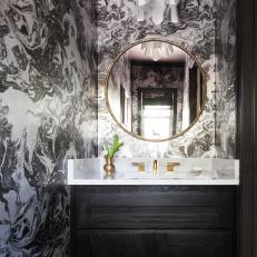 Marble Wallpaper Black and White Powder Room With Black Vanity Cabinet and Modern Chandelier 