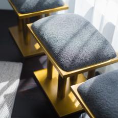 Brass Stools With Gray Upholstery