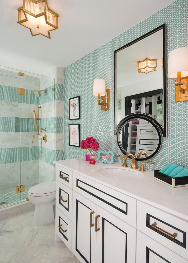 Seafoam Green Contemporary Bathroom With Black & White Vanity