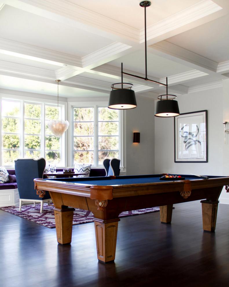 Room with Large Bay WIndow, Black Pendant Lights and Pool Table