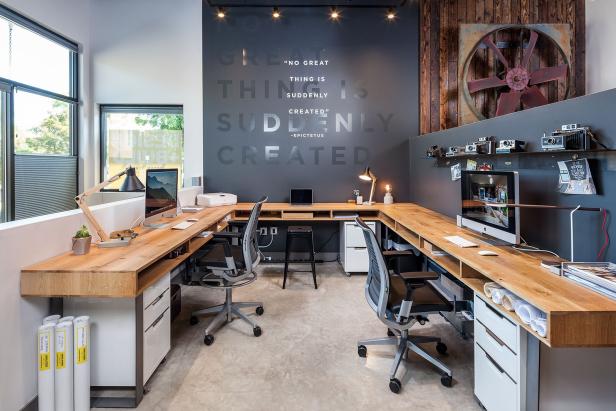 Contemporary Public Space With Long Wood Desk, Concrete Floor