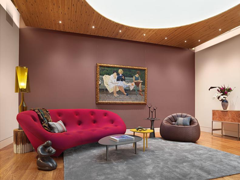 Modern Living Room With Hot Pink Sofa, Gray Rug and Mauve Accent Wall