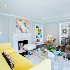 Chic and Colorful Family Room With Fireplace