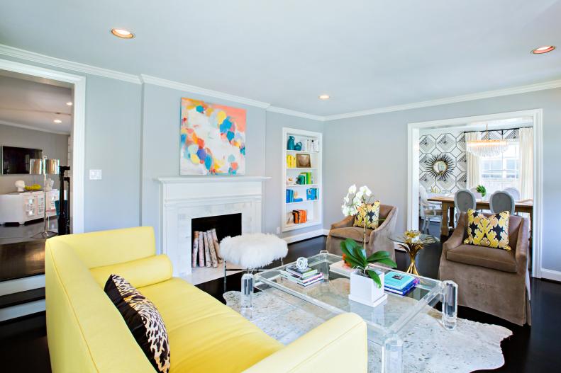 Gray Transitional Living Area With Yellow Sofa, Lucite Coffee Table