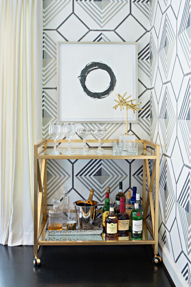 Gold Cart With Mirrored Glass & Graphic Black and White Wallpaper