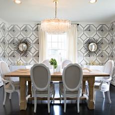 Fashionable Dining Room With Graphic Black & White Wallpaper