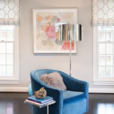 Sitting Room Features Blue Velvet Armchair