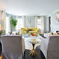 Fresh, Gray Family Room With Colorful Accents