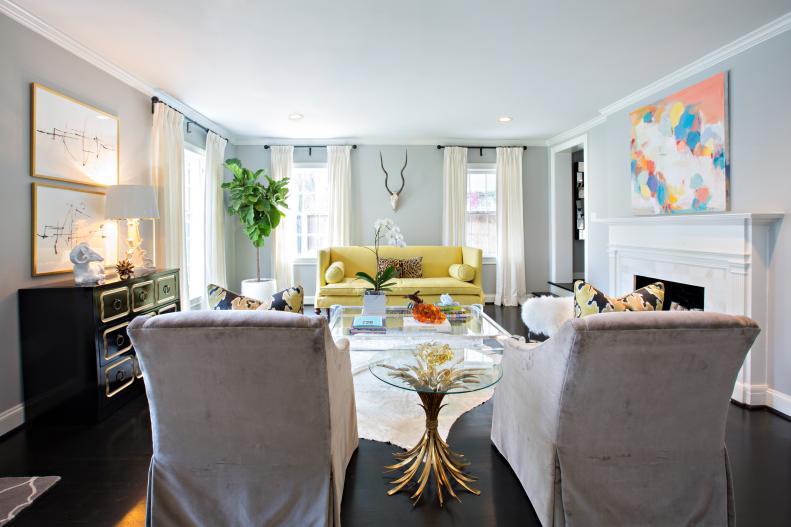 Gray Transitional Living Room With Yellow Sofa & Black Floor