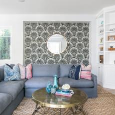Coastal Living Room With Seashell-Wallpaper Accent Wall