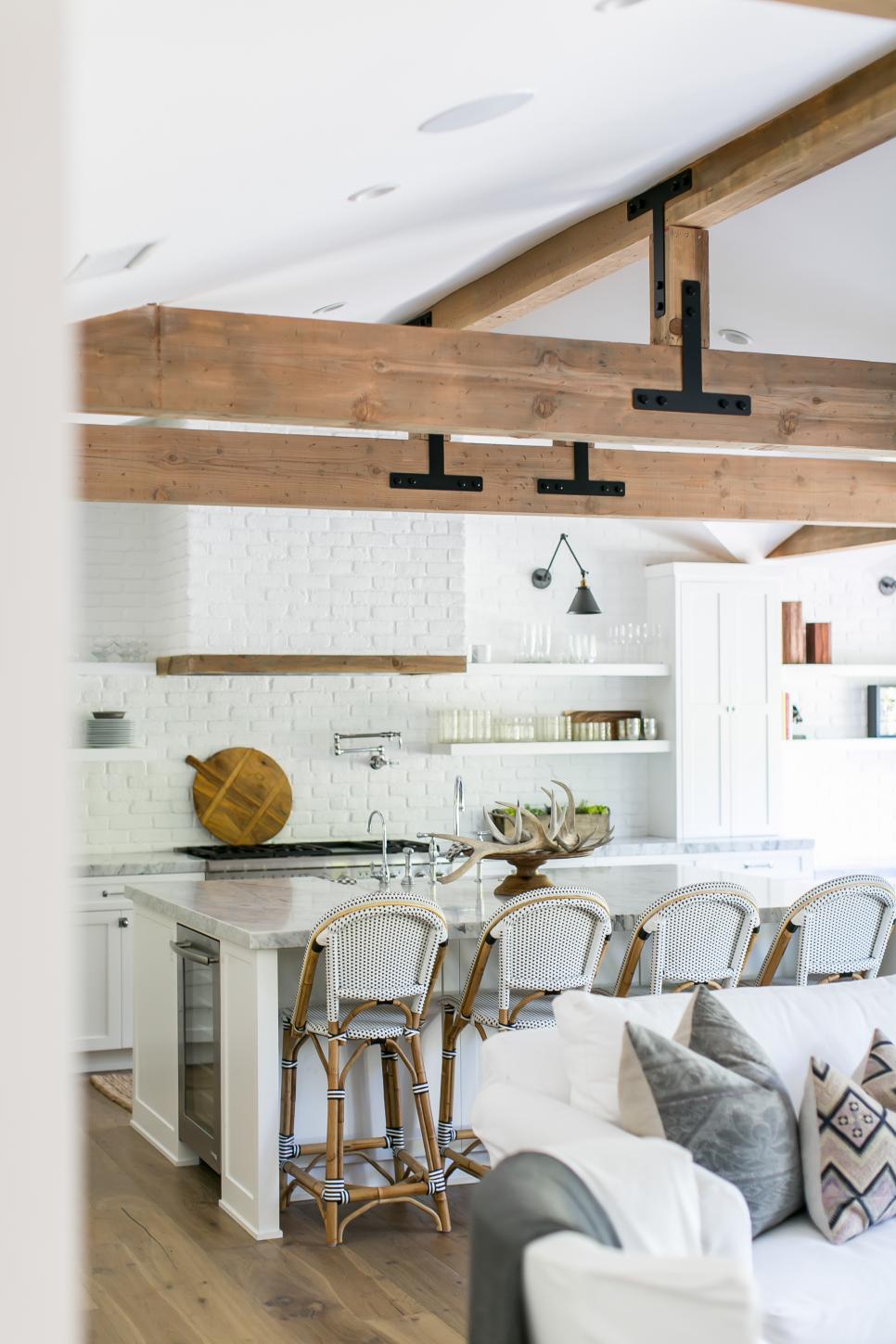 Wood Exposed Ceiling Beams, Large White Island With Marble Countertop