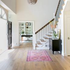 White Transitional Foyer With Pink Rug