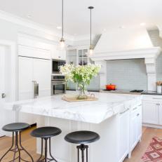 White Transitional Kitchen With Pink Rug