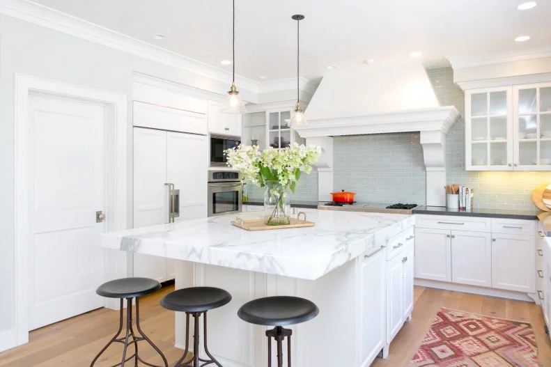 White Kitchen With Pink Rug