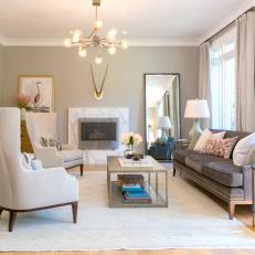 Gray Transitional Living Room With Fireplace