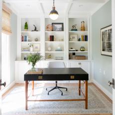 Blue Transitional Home Office With Black Desk