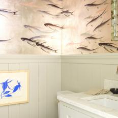 Fish Wallpaper Adds Lakeside Feeling to Small Bathroom 
