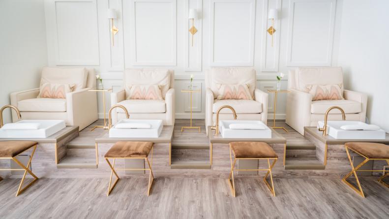 Feminine Design with Cream Chairs and Brown and Gold Stools 
