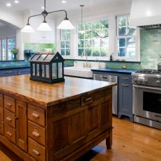 Transitional Kitchen Features Wooden Island