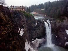View of the Snoqualmie Falls in a scene from the pilot episode of the television series 'Twin Peaks,' originally broadcast on April 8, 1990. The Snoqualmie Falls Lodge, at left, was used to portray the exteriors of the Great Northern Lodge in the show. (Photo by CBS Photo Archive/Getty Images)
