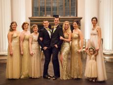 Two Grooms Standing With Wedding Party of Women With Gold Evening Gowns