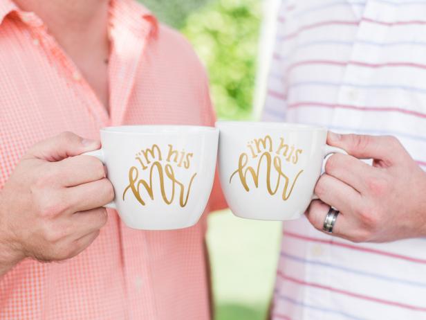 White Mugs With Gold Script That Says I'm His Mr.
