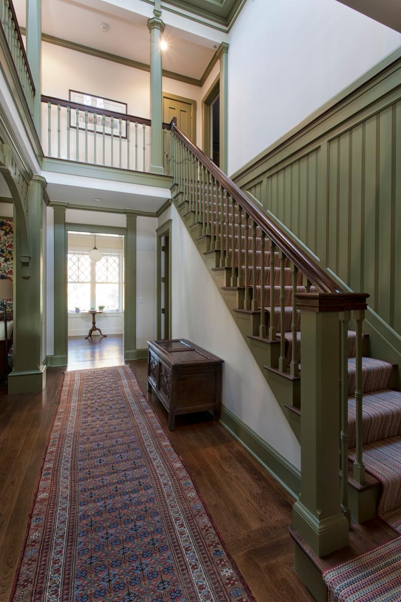 Victorian Stairs With Green Balusters, Columns & Beadboard Paneling