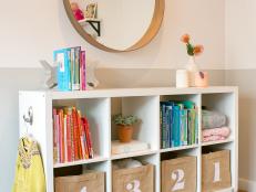White Cubby Bookshelf With Pink Wheels & Round Mirror