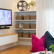 Basket Storage in Mod Living Room
