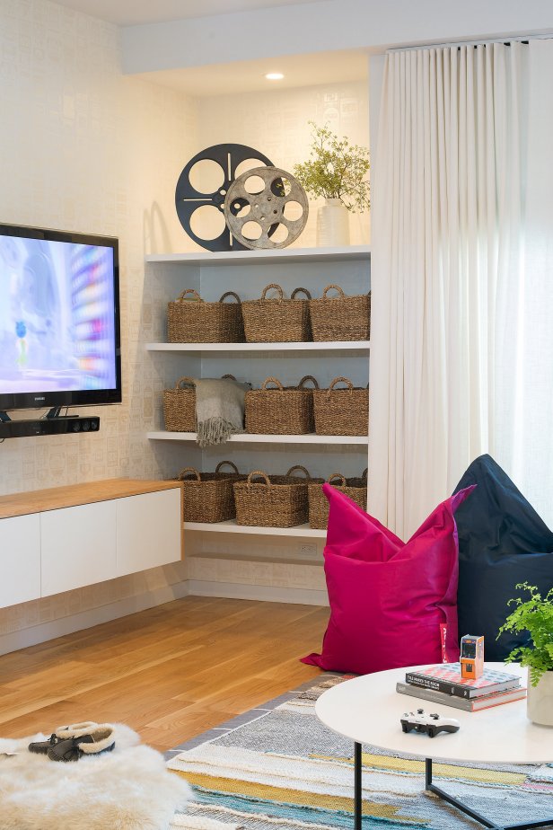 Modern Living Room With Floating Media Center & Shelves With Baskets