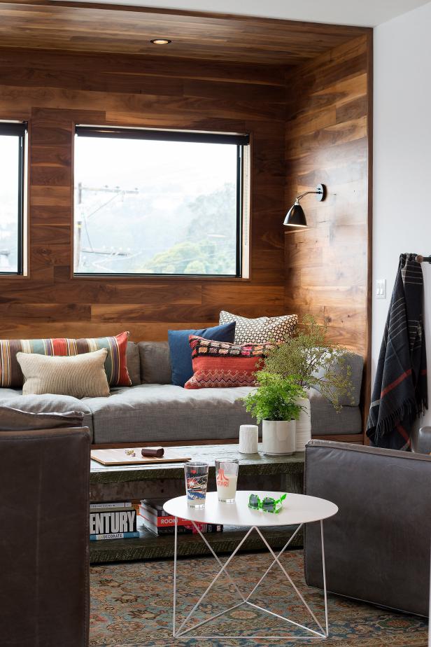 Modern Living Room With Window Seat, Brown Wood Nook