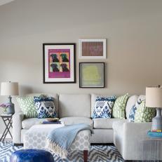 Transitional Sitting Room With Bold Blue Accents