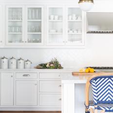 Fresh Transitional Kitchen With Blue and White Stools 