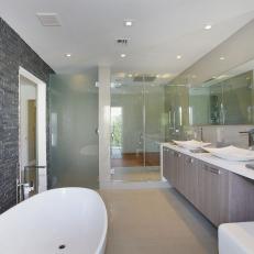 Contemporary Double Vanity Bathroom With Gray Tile Accent Wall